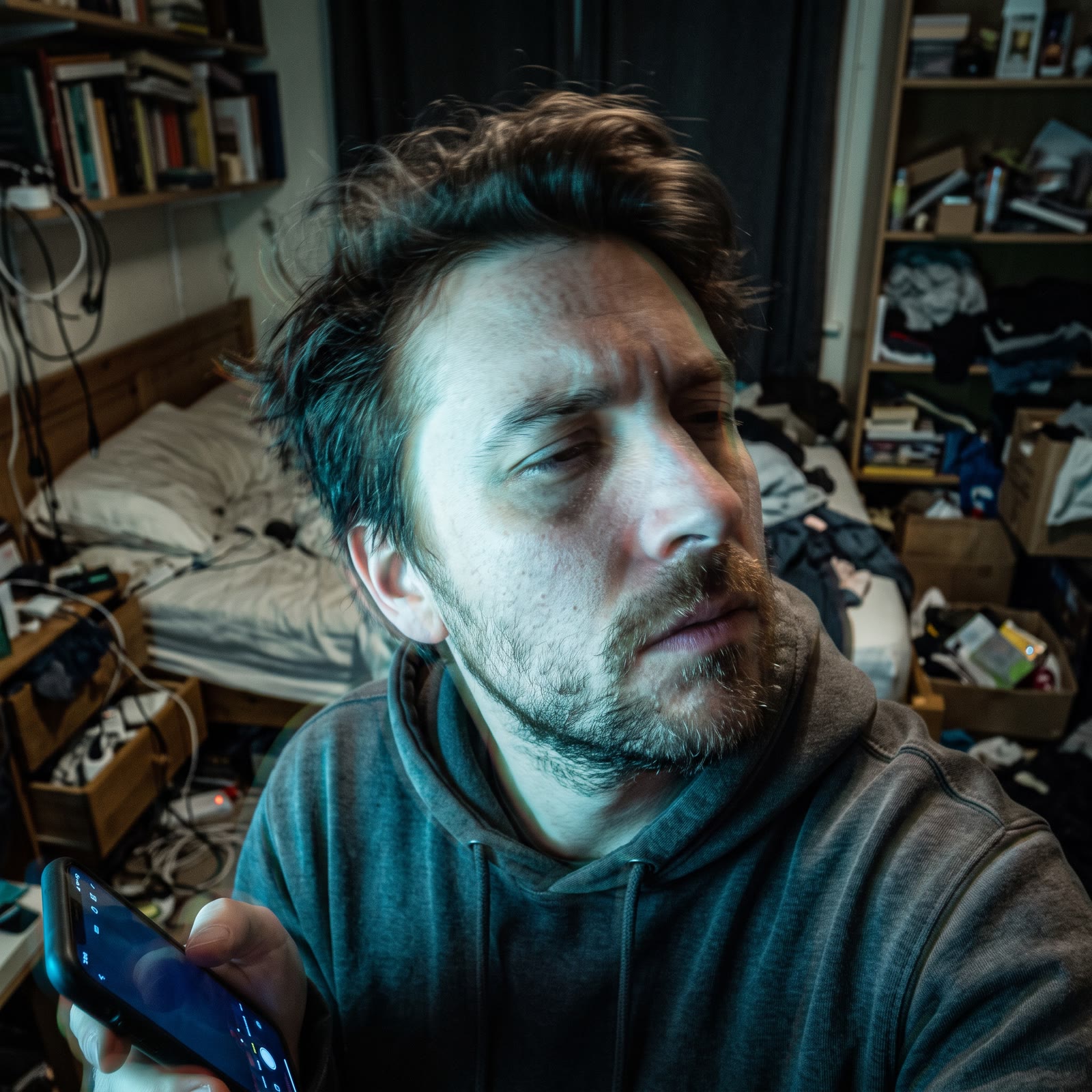 Mauvais exemple : selfie en contre-plongée sous une lumière bleue, visage à moitié dans l’ombre