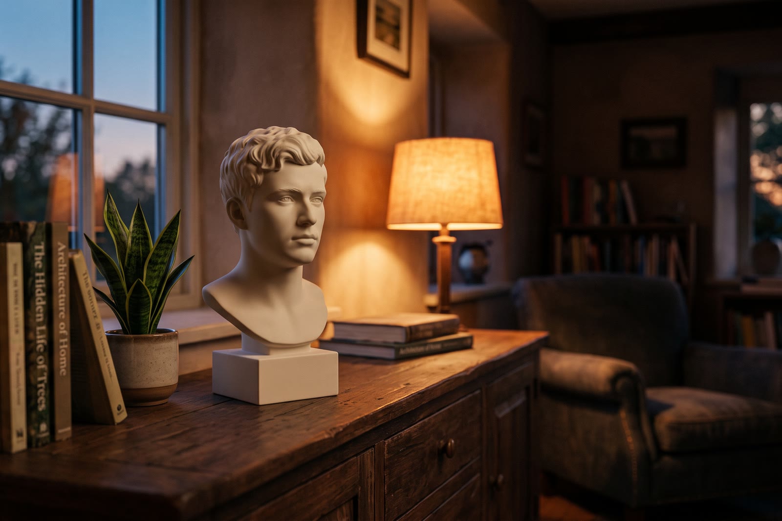Buste posé sur un buffet de salon, éclairé par une lampe au crépuscule